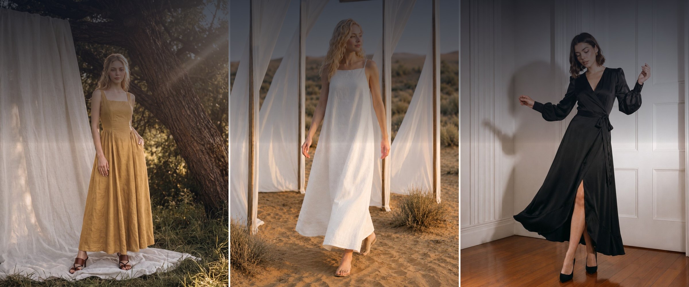 Handmade linen maxi dresses in mustard, white and black
