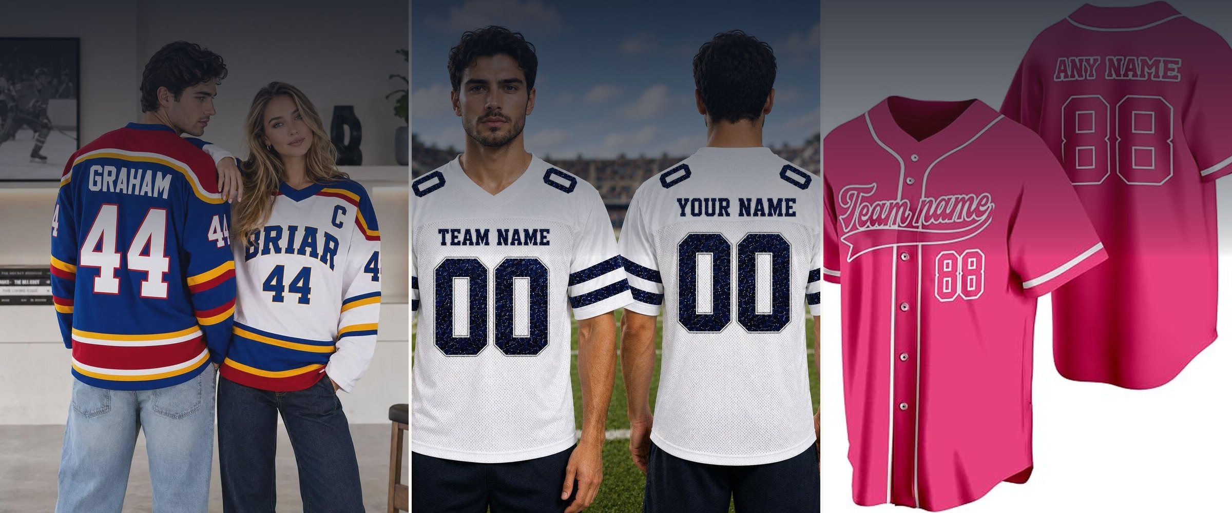 Custom hockey, football and baseball jerseys personalized with names and numbers