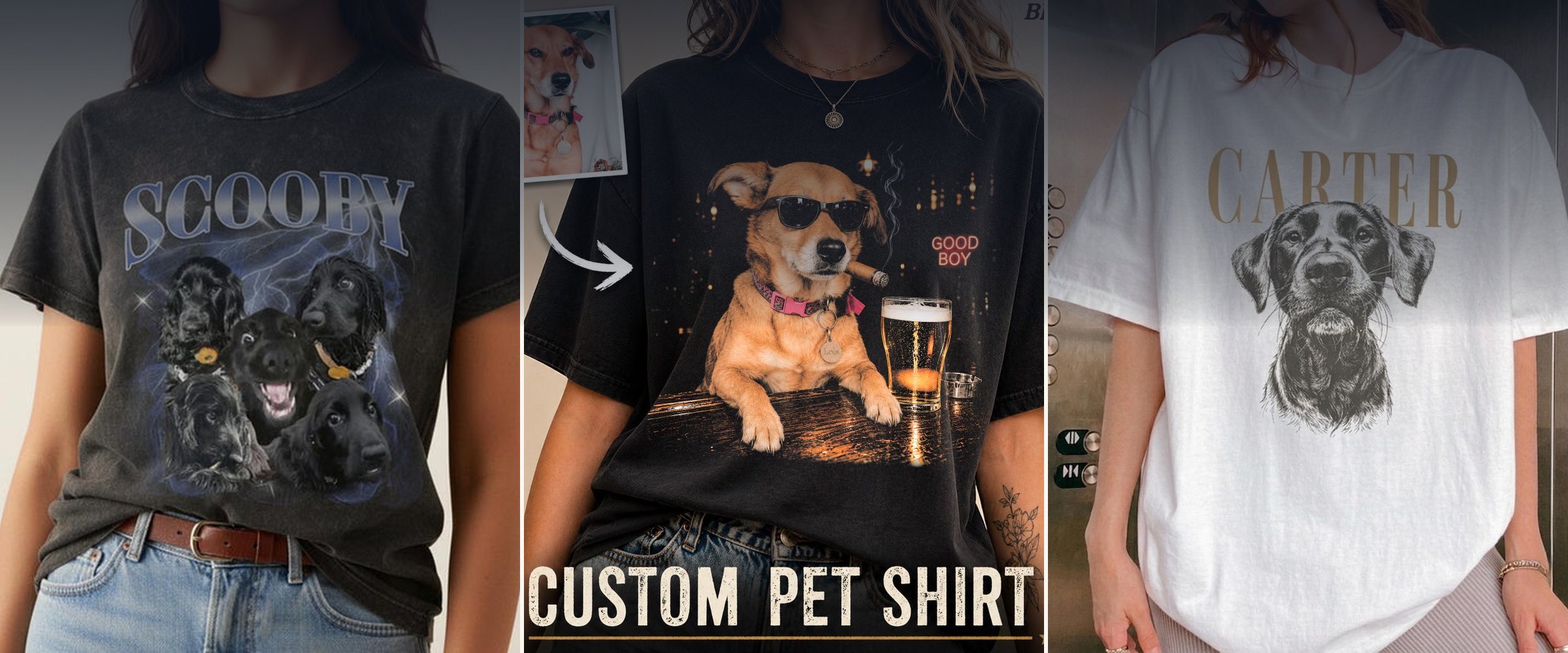 Custom pet shirts printed with dog photos and names