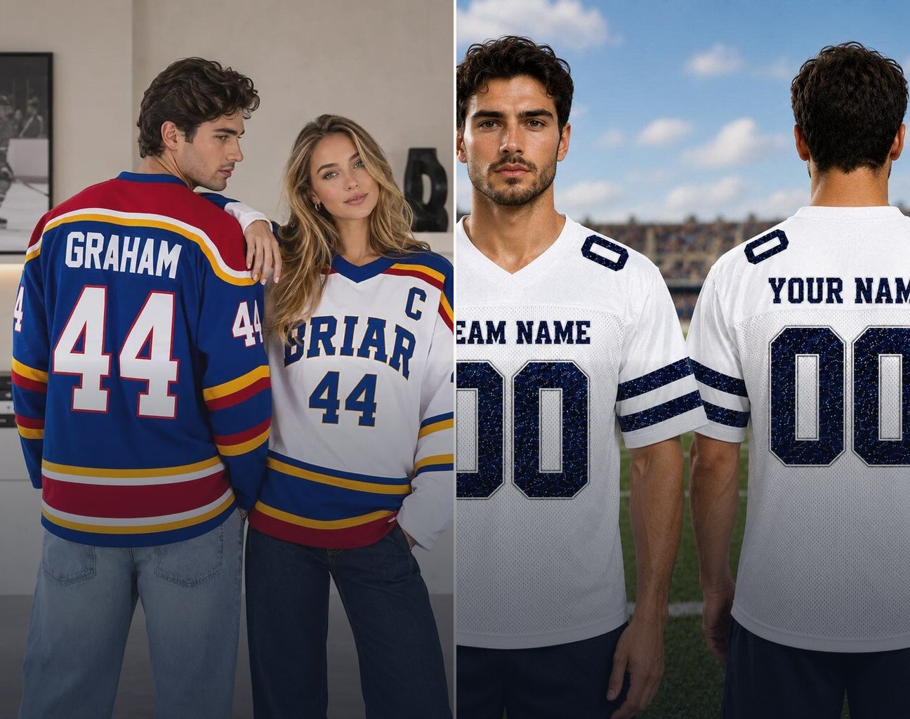 Couple in matching custom hockey jerseys and friends in custom football jerseys