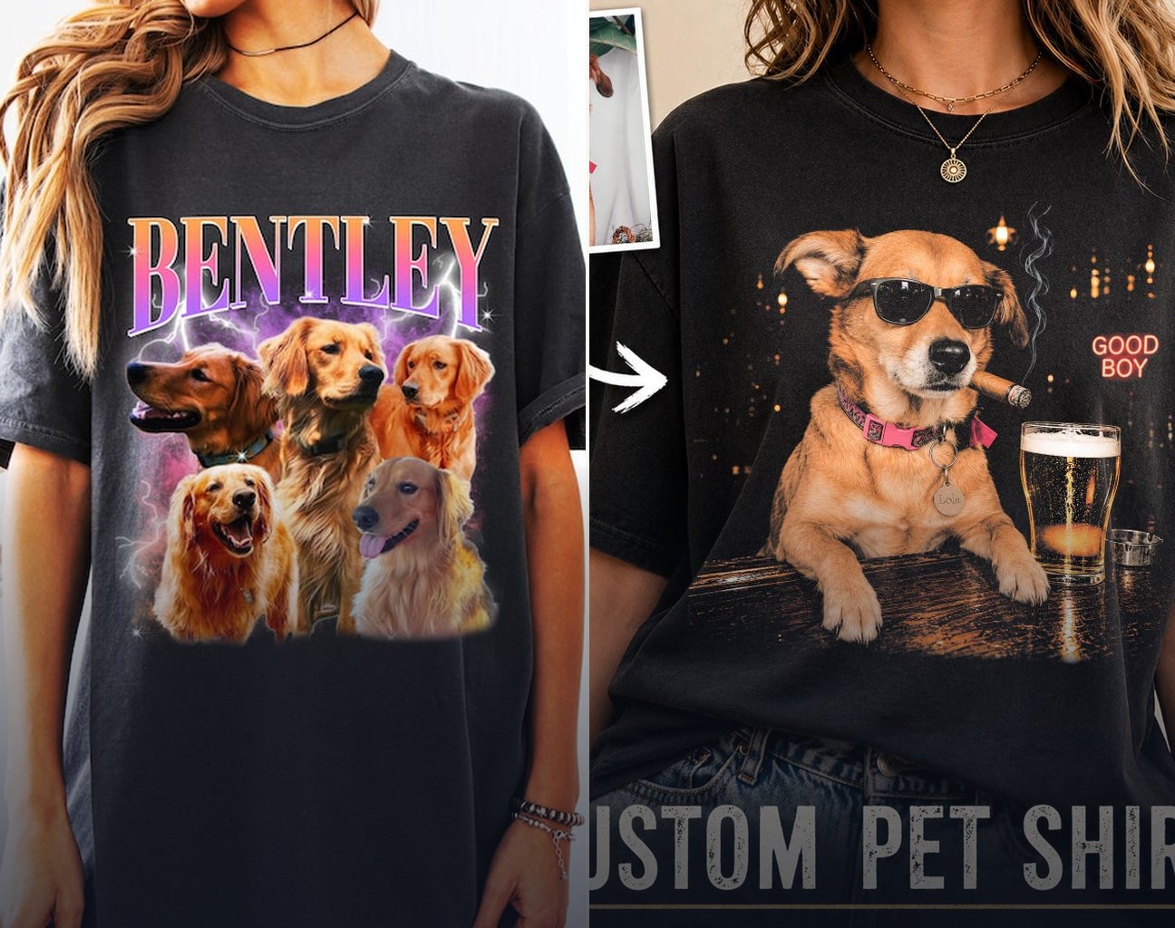 Bootleg-style pet tee and a custom dog photo shirt