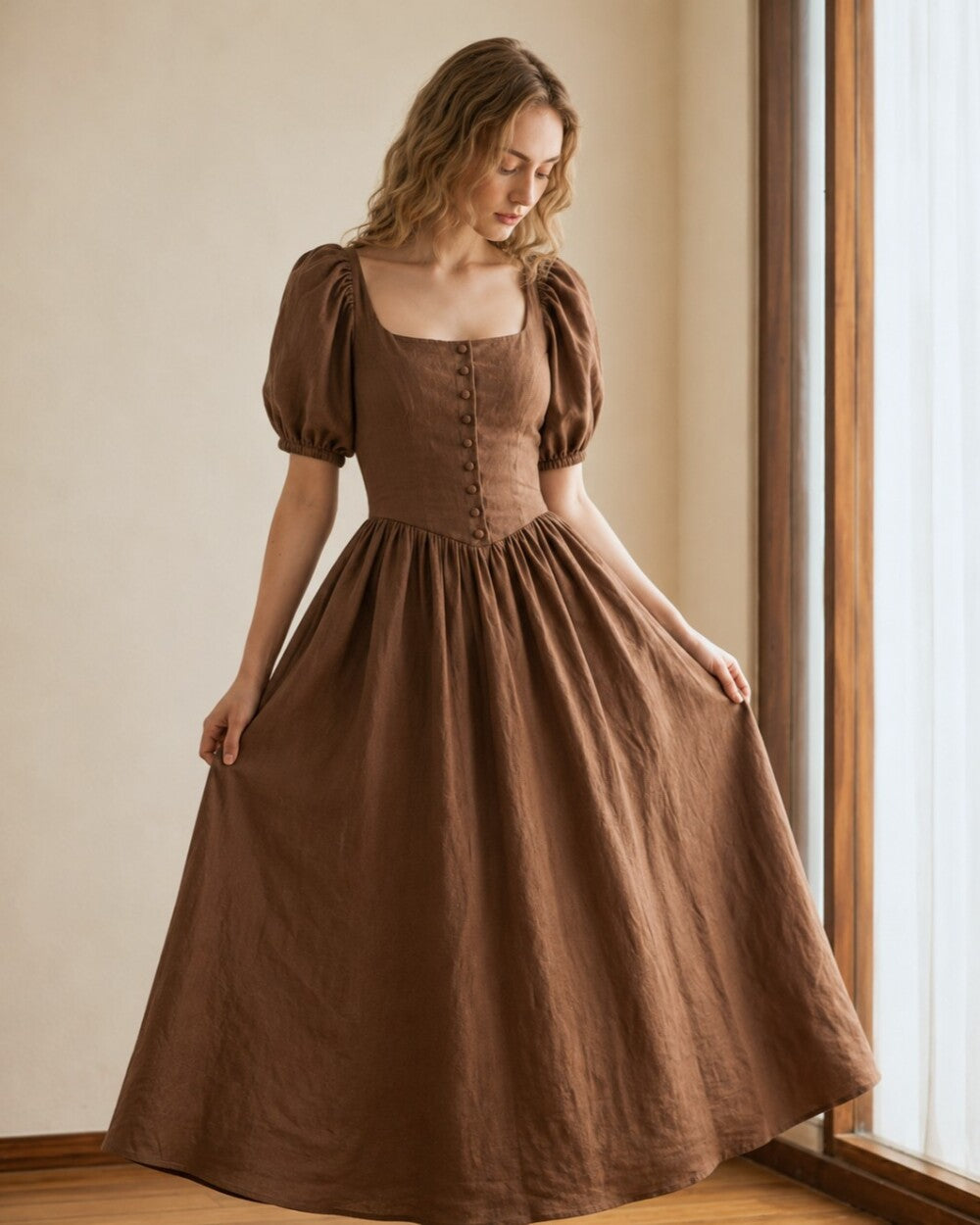 Linen Maxi Dress, Puff Sleeve Button Front Dress, Square Neck Cottagecore Dress, Romantic Summer Dress